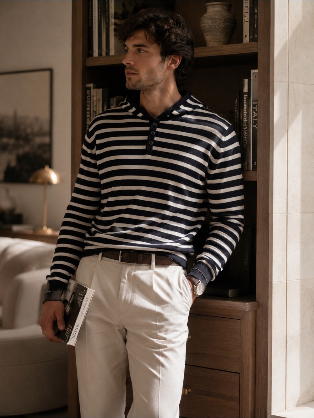 Vince Striped Hooded Cotton Knit Sweater Navy White Made in Italy Luxury Coastal